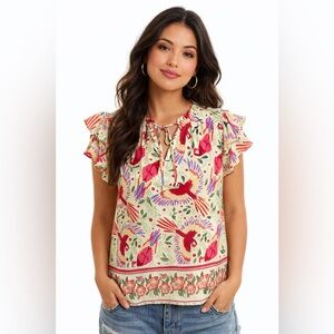 Rachel Roy Boho Parrot Print Flutter Sleeve Blouse Small Colorful Bohemian Top